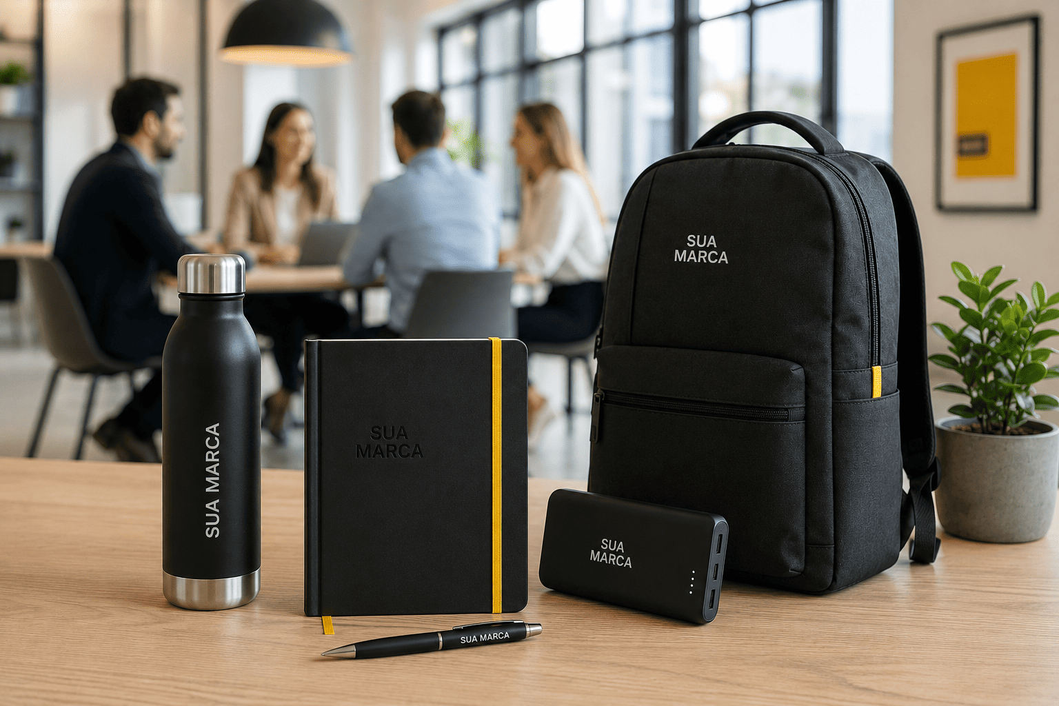 Conjunto de brindes personalizados com garrafa, caneta, caderno, saco e acessórios