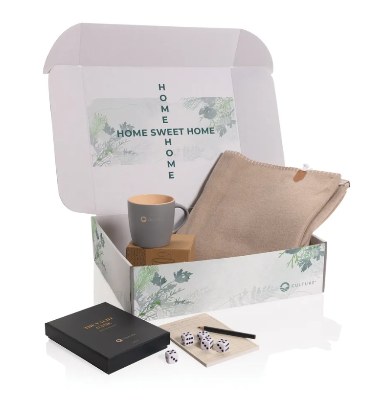 Home Sweet Home gift box with warm blanket, ceramic mug, and Yacht dice game